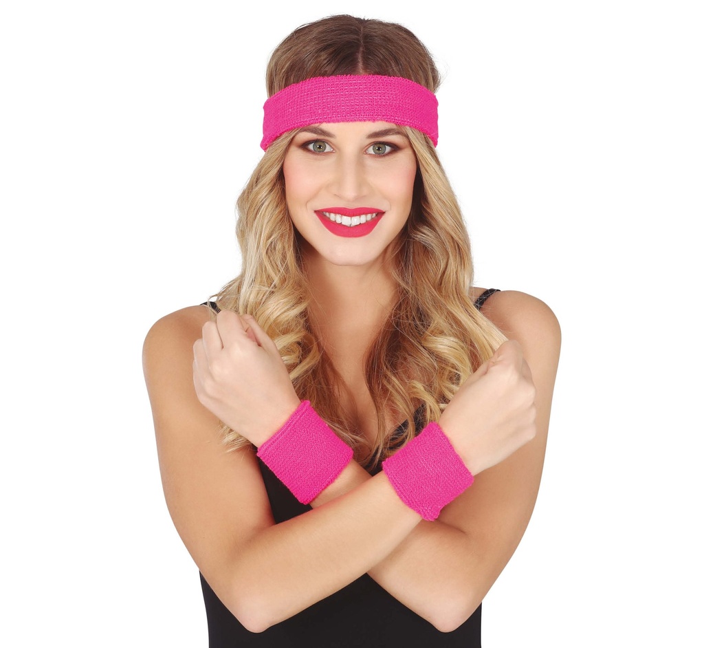 CONJUNTO 2 MUÑEQUERAS Y CINTA ROSA FLUOR BL REF 18816