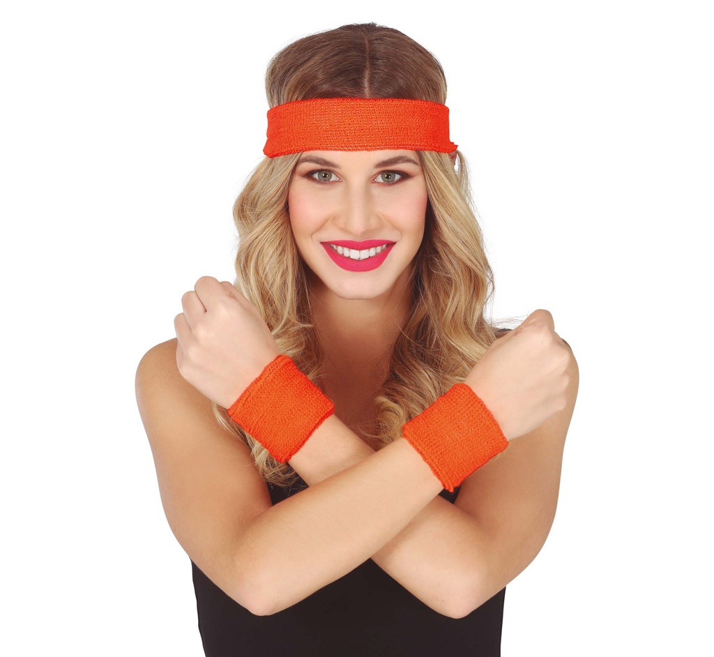 CONJUNTO 2 MUÑEQUERAS Y CINTA NARANJA NEON BL REF 18819