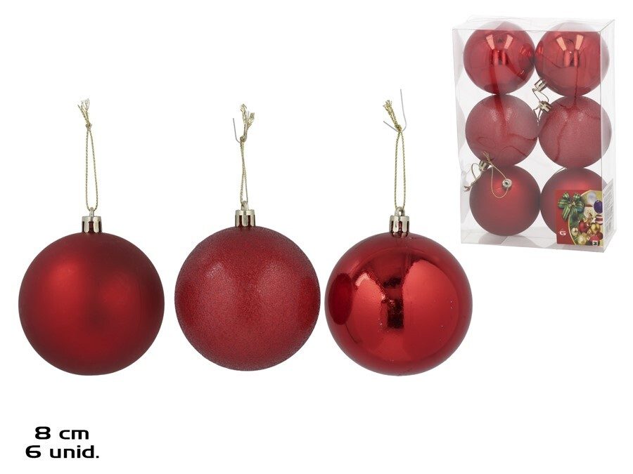 [138378] BOLA NAVIDAD ROJA 3 SURTIDOS 8 CM 6 UDS