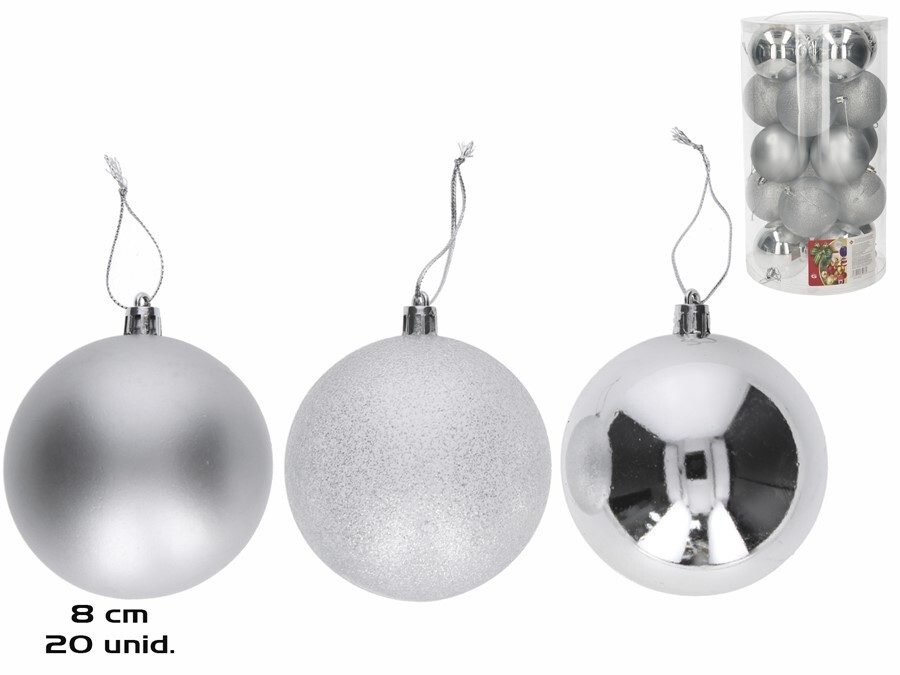 [138418] BOLA NAVIDAD PLATA 3 SURTIDOS 8 CM 20 UDS