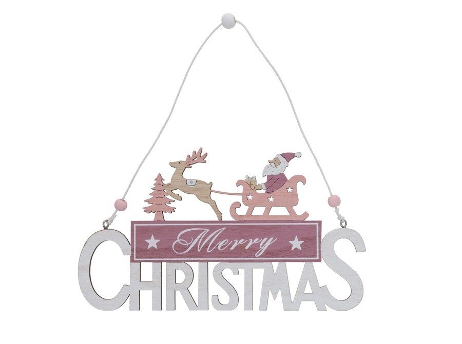 [138489] COLGANTE MADERA MERRY CHRISTMAS ROSA PALIDO 22 CM