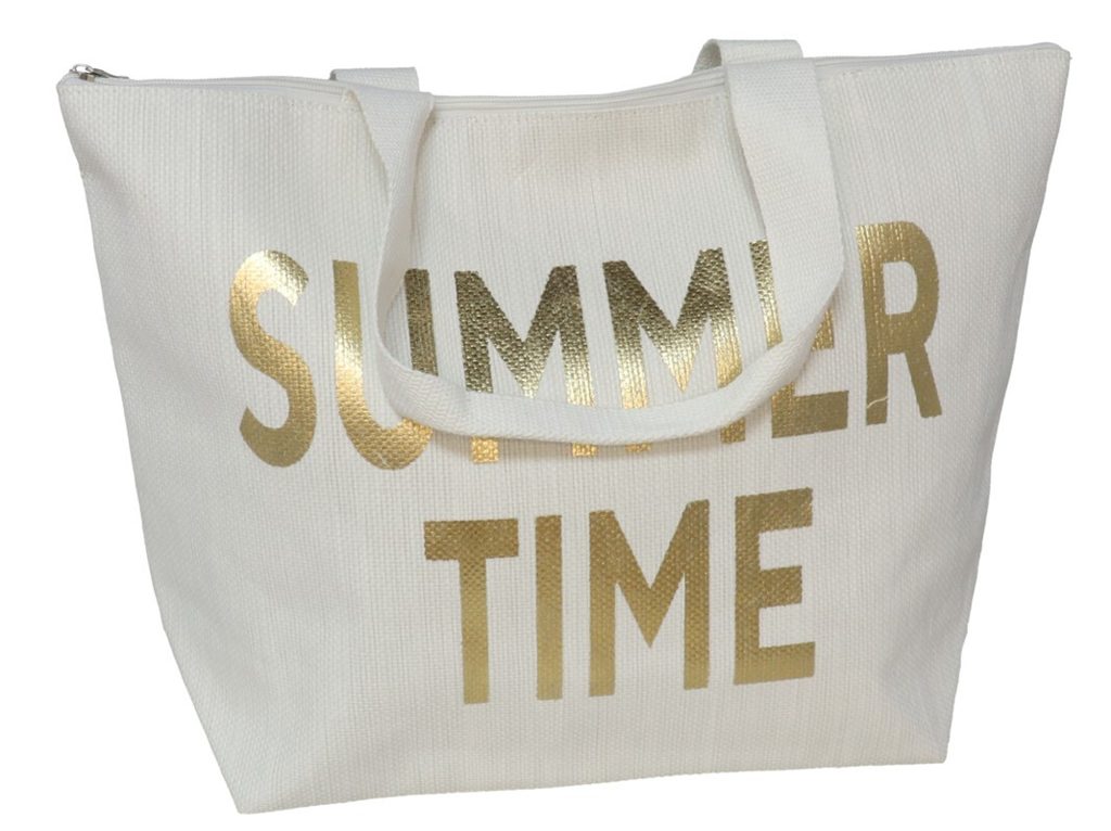 [134825] BOLSO PLAYA BLANCO SUMMER TIME ORO CON CREMALLERA 50 X 15 X 35 CM