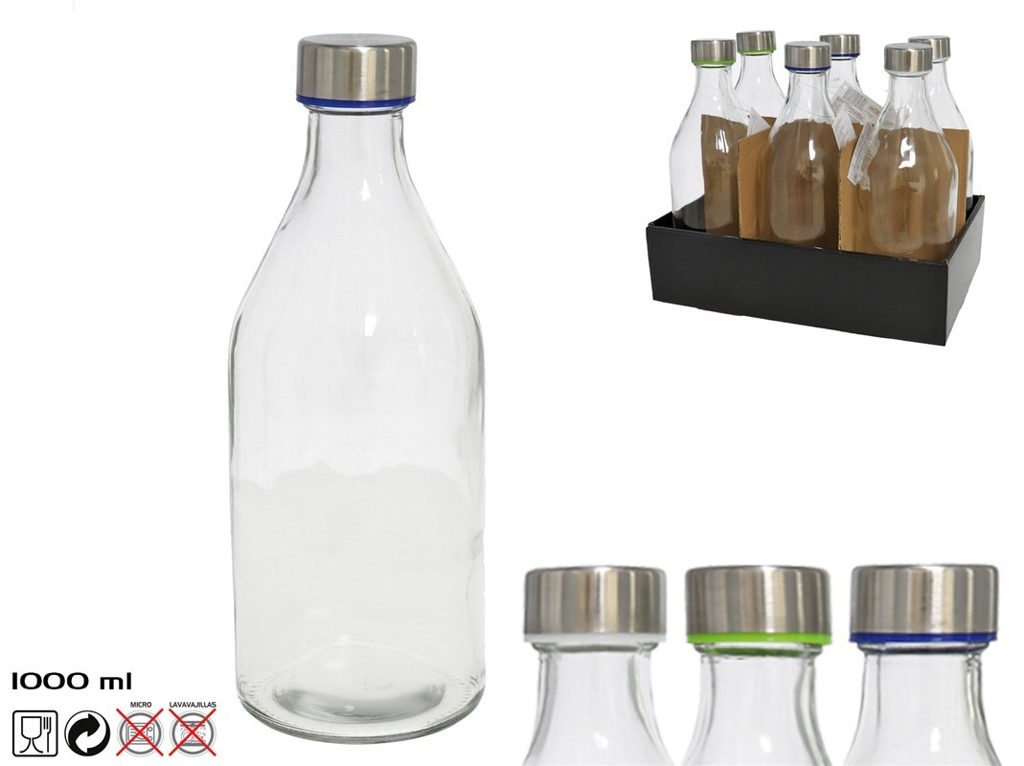 [136189] BOTELLA DENVER REDONDA CRISTAL TAPON ACERO 1 LTS