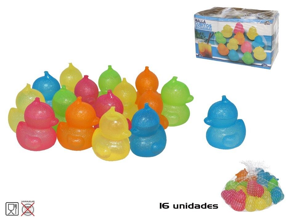 [142064] CUBITOS COLORES REUTILIZABLES PATITOS 16 UDS EN RED