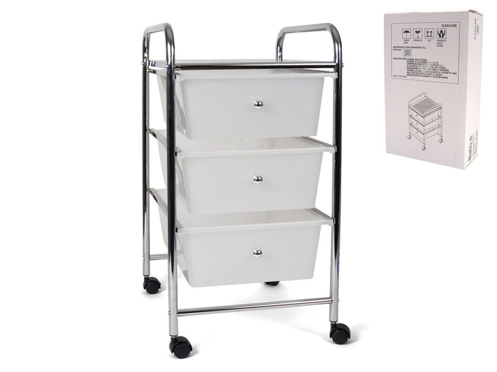 [115086] CARRO MULTIUSOS ACERO 3 CAJONES BLANCOS
