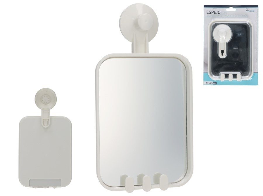 [139637] ESPEJO CON SUPER VENTOSA Y 3 GANCHOS 13 X 25 CM