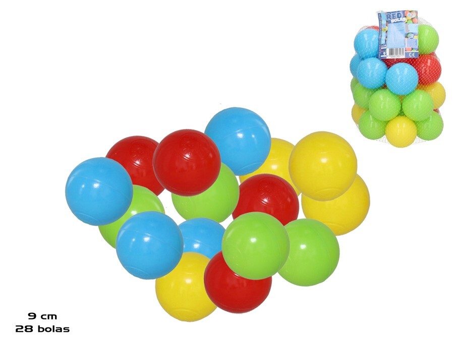 [139367] BOLAS PLASTICO COLORES 9 CM 28 UDS EN RED