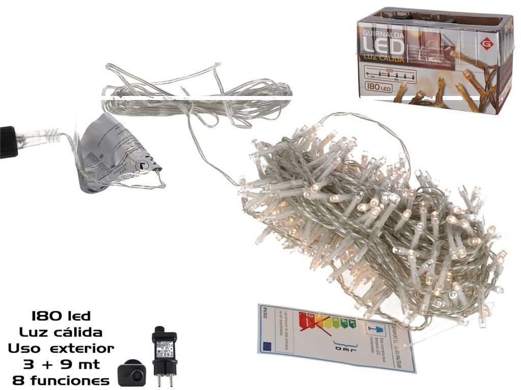 [138456] GUIRNALDA 180 LED LUZ CALIDA EXTERIOR ADAP FUN 3 + 9 MTS