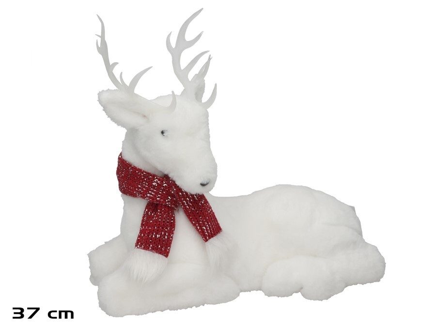 [138460] CIERVO BLANCO SENTADO BUFANDA ROJA 37 CM