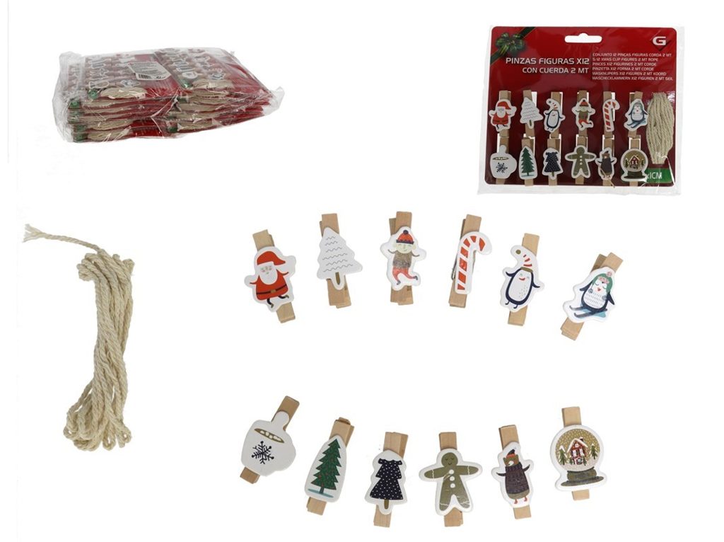 [138487] PINZAS FIGURAS NAVIDAD CON CUERDA 12 UDS