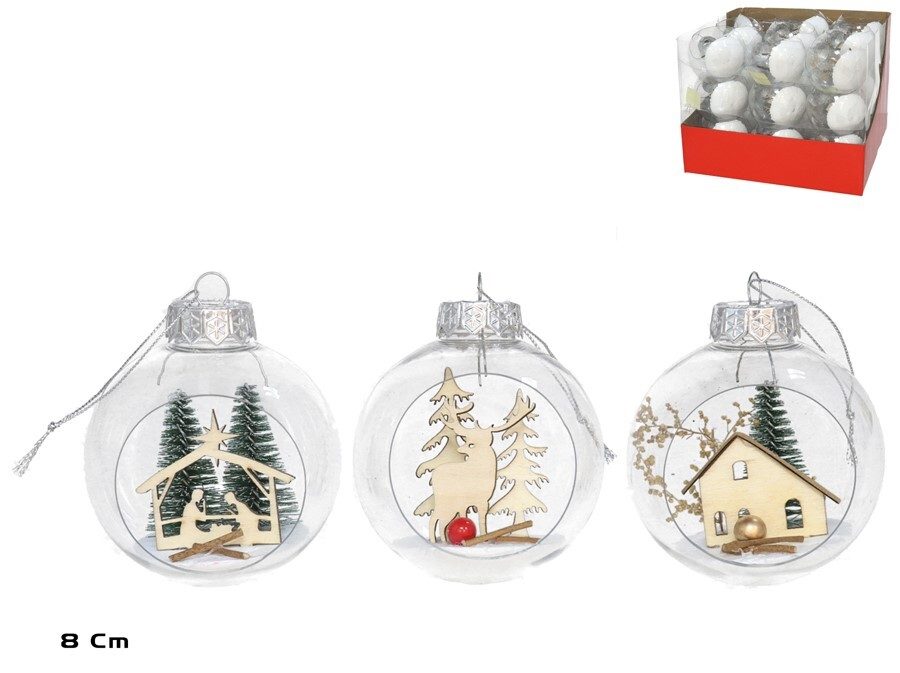 [138494] BOLA NAVIDAD TRANSPARENTE ABIERTA CON CASITA 3 SURTIDOS 8 CM
