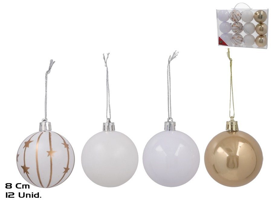 [138752] BOLA NAVIDAD ZURA BLANCO/ORO 8 CM 12 UDS