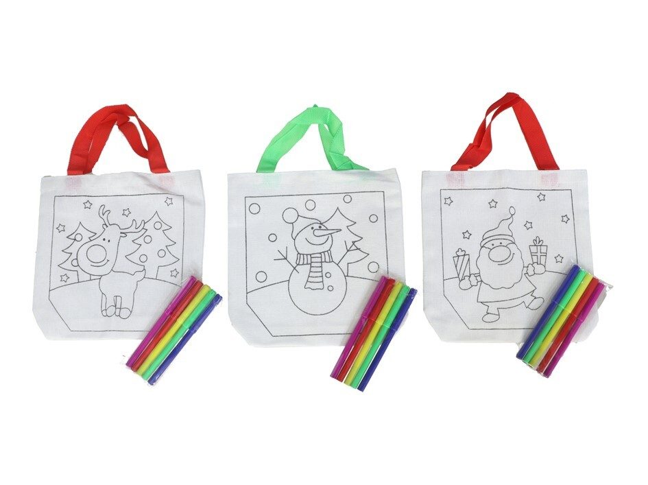 [138763] BOLSA DE LONA BLANCA MOTIVOS NAVIDEÑOS CON 5 ROTULADORES 22 X 20 CM