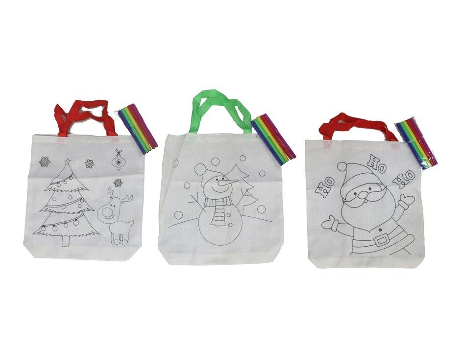 [138766] BOLSA DE LONA BLANCA MOTIVOS NAVIDEÑOS CON 5 ROTULADORES 30 X 32 CM