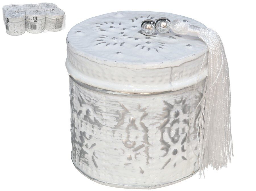 [136221] CAJA ALUMINIO REDONDA BLANCO CON BORLA 7 CM