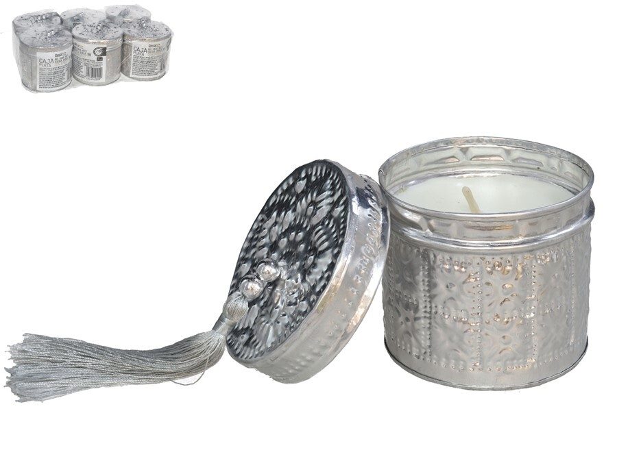 [136222] CAJA ALUMINIO REDONDA PLATA CON VELA 7 CM
