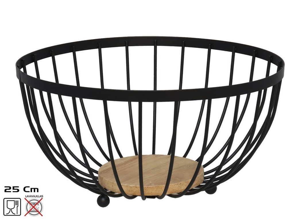 [136243] FRUTERO METAL NEGRO BASE MADERA 25 X 25 X 13 CM