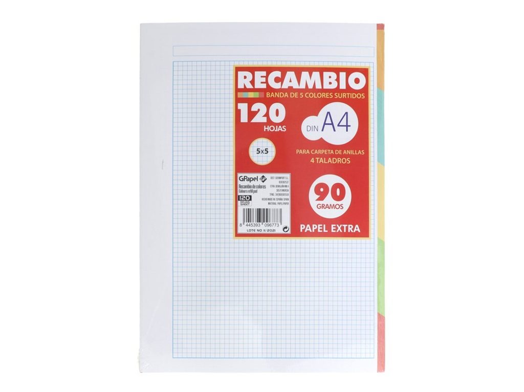 [121594] RECAMBIO A-4 120 HOJAS 90 GRS 4 TALADROS CUADROS 5X5 BANDA DE COLORES