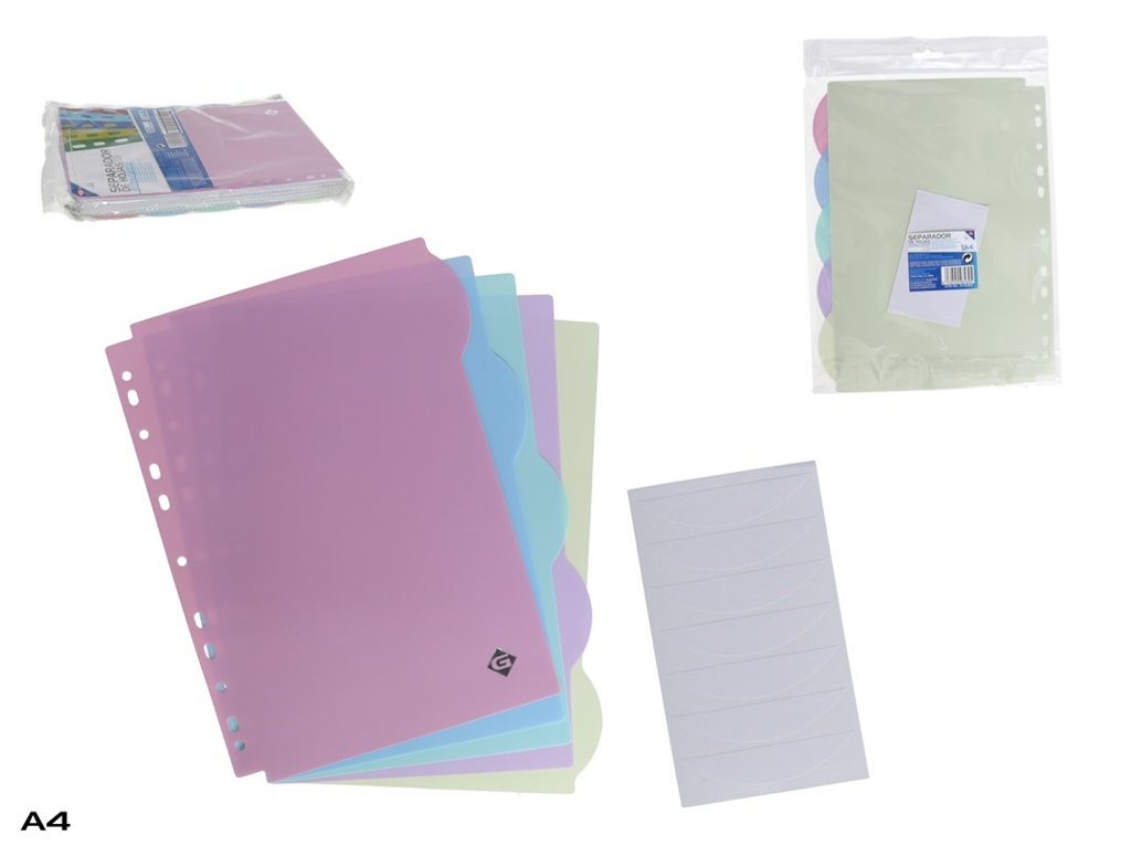 [115590] SEPARADOR DE HOJAS EXTRA FUERTE A4 5 UDS COLORES PASTEL