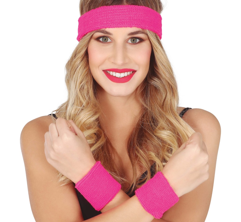 [140799] Conjunto 2 Muñequeras y Cinta Rosa Fluor