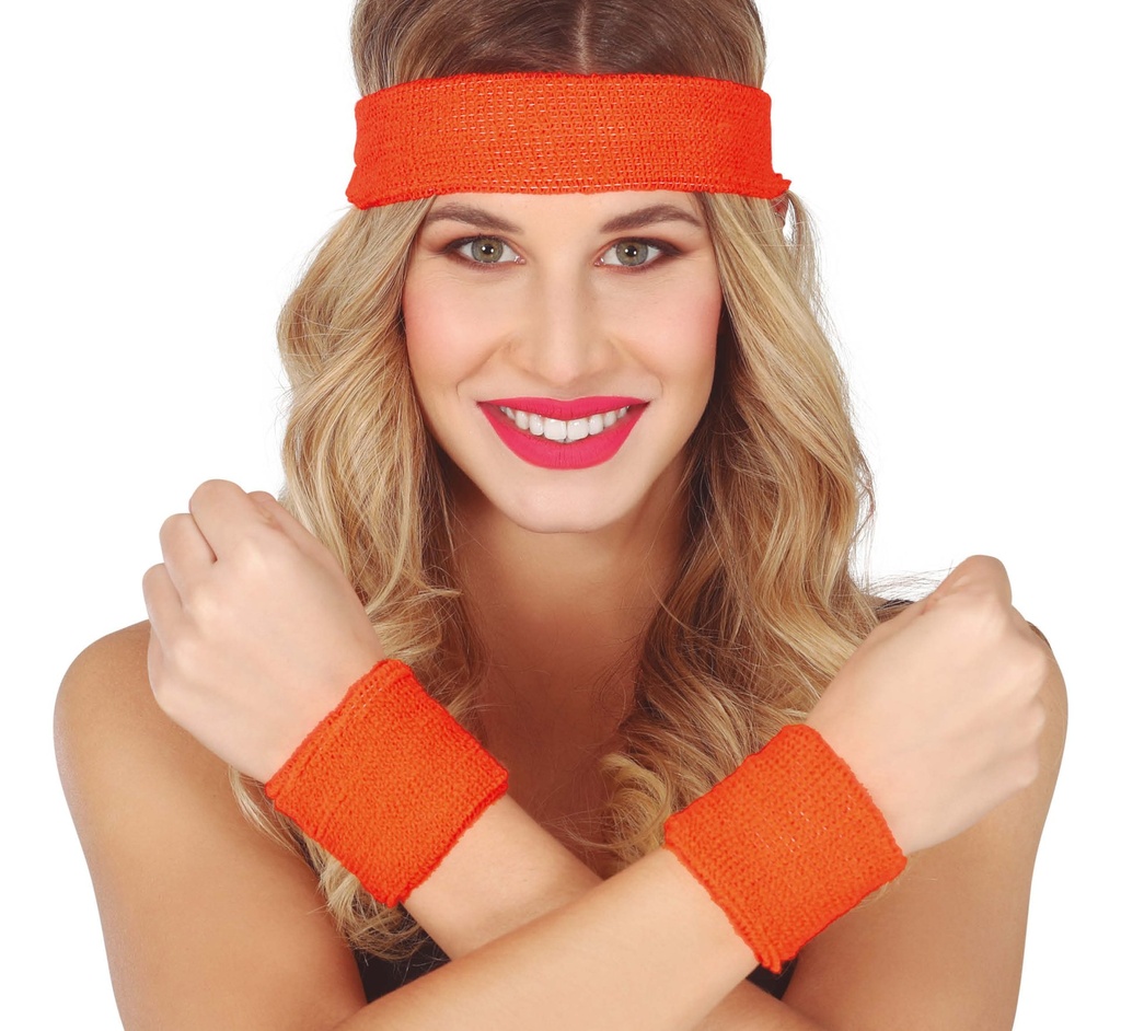 [148540] Conjunto 2 Muñequeras y Cinta Naranja Neon