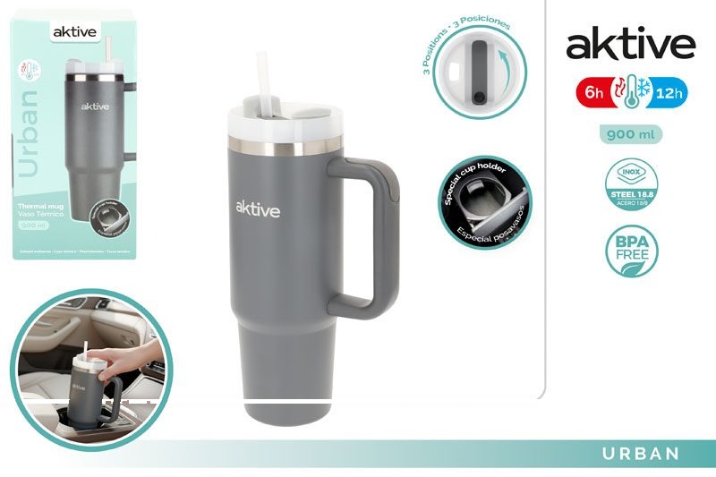 [150086] Vaso Termico Acero INOX Negro con Pajita 900 ML