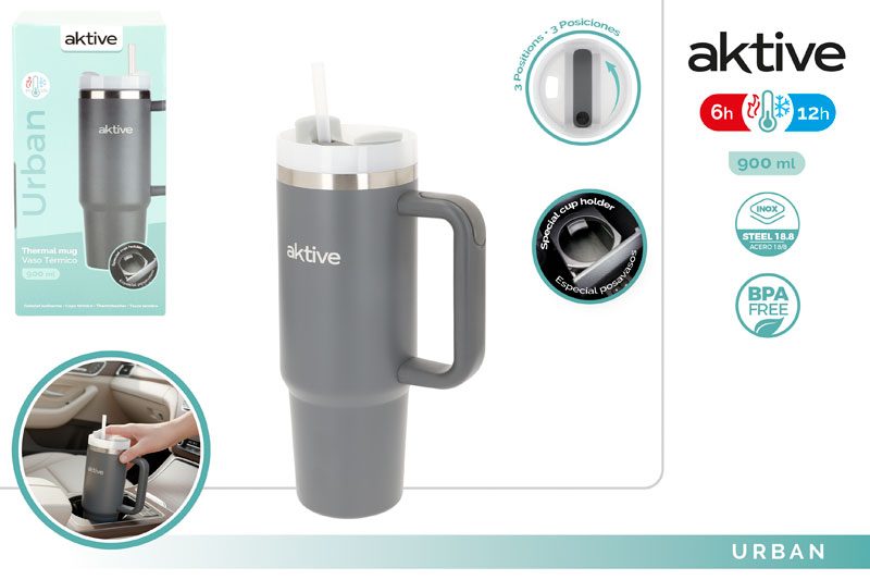 [150086] Vaso Termico Acero INOX Negro con Pajita 900 ML