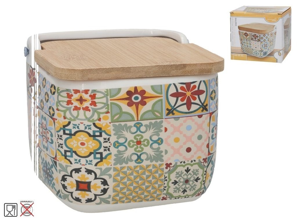 [149977] SALERO CERAMICA AZULEJO CON TAPA DE BAMBU 12 X 11 CM