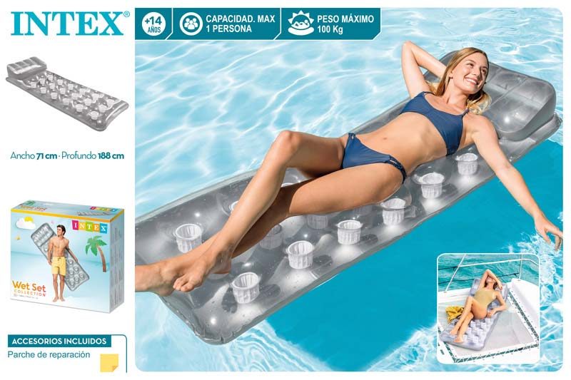 [43994] Colchoneta Hinchable Plateada 18 Vasos 188 x 71 CM Intex