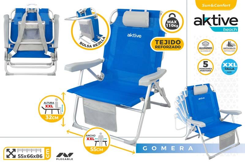 [128250] Silla Playa Mochila XXL Aluminio Plegable 5 Posiciones
