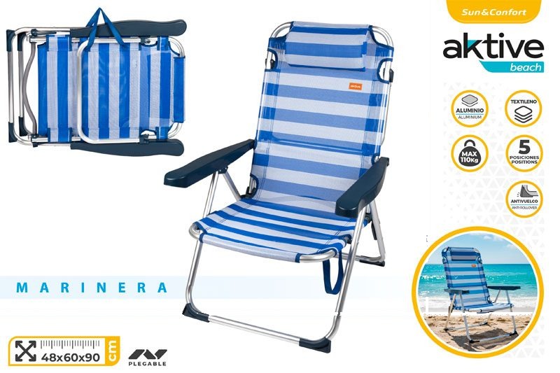 [149654] Silla Plegable Aluminio Marinera con Cojin 5 Posiciones 48 x 60 x 90 CM