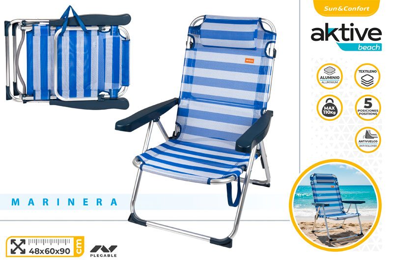 [149654] Silla Plegable Aluminio Marinera con Cojin 5 Posiciones 48 x 60 x 90 CM