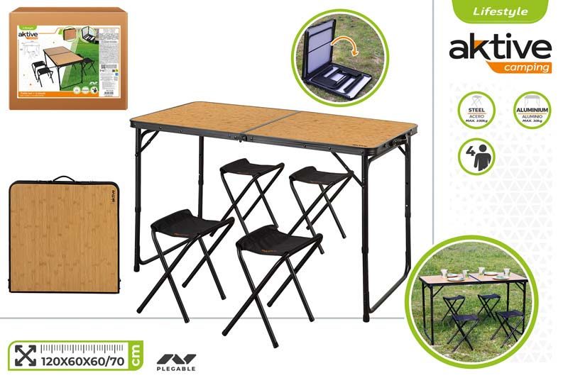 [149675] Mesa Camping Plegable Bambu con 4 Taburetes 120 x 60 x 60 CM