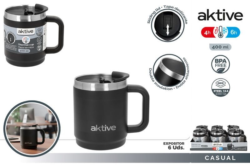 [150077] Taza Termica Acero INOX Negra con Asa 400 ML
