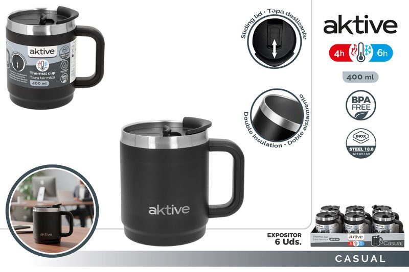[150077] Taza Termica Acero INOX Negra con Asa 400 ML