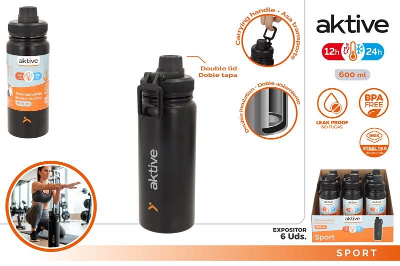 [150082] Botella Termica Camping Negra 600 ML