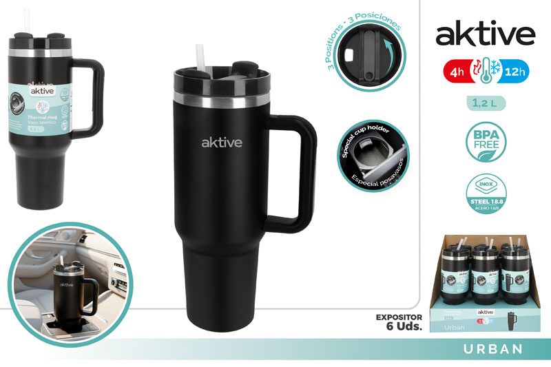 [150083] Vaso Termico Acero INOX Negro con Pajita 1.2 LTS