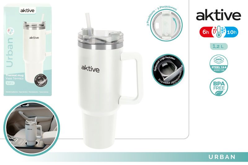 [150084] Vaso Termico Acero INOX Blanco con Pajita 1.2 LTS