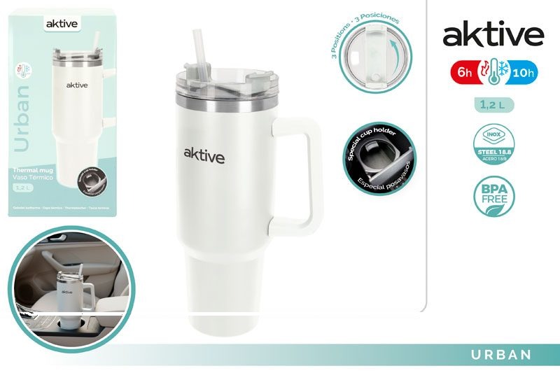 [150084] Vaso Termico Acero INOX Blanco con Pajita 1.2 LTS