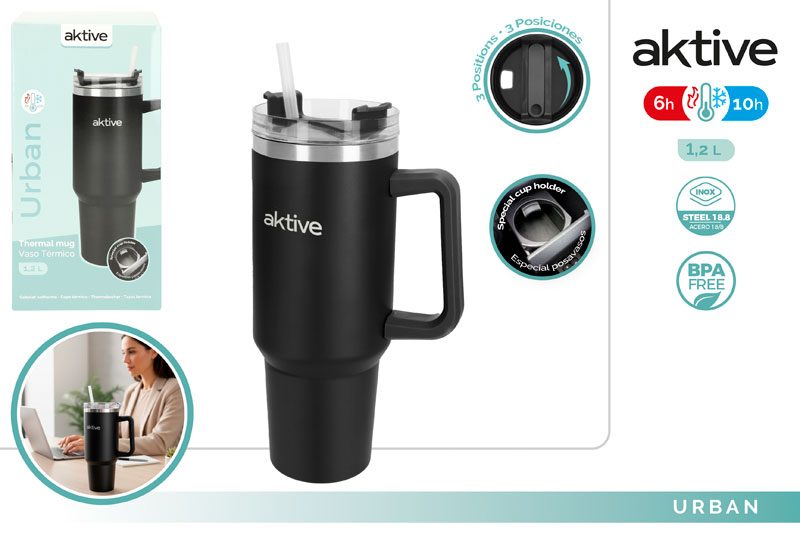 [150085] Vaso Termico Acero INOX Negro con Pajita 1.2 LTS