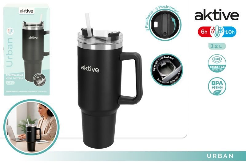 [150085] Vaso Termico Acero INOX Negro con Pajita 1.2 LTS