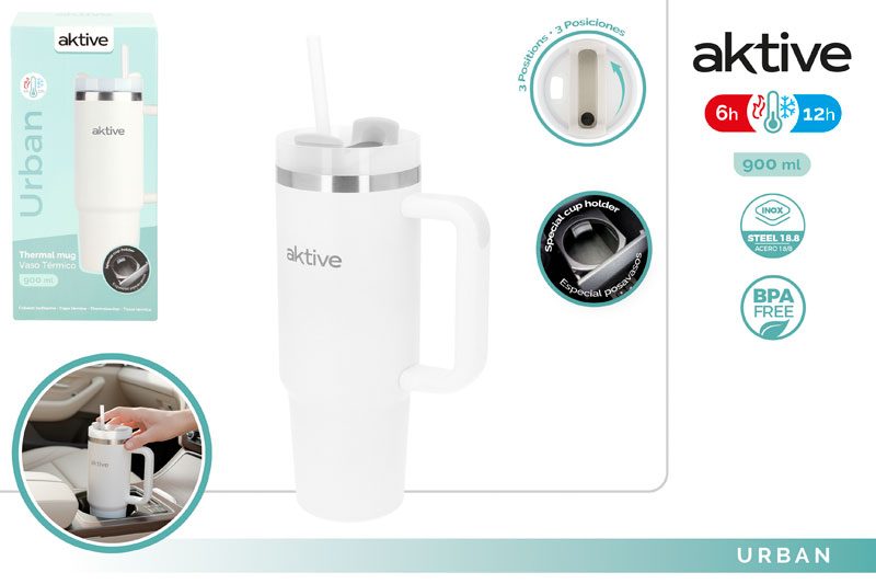 [150087] Vaso Termico Acero INOX Blanco con Pajita 900 ML