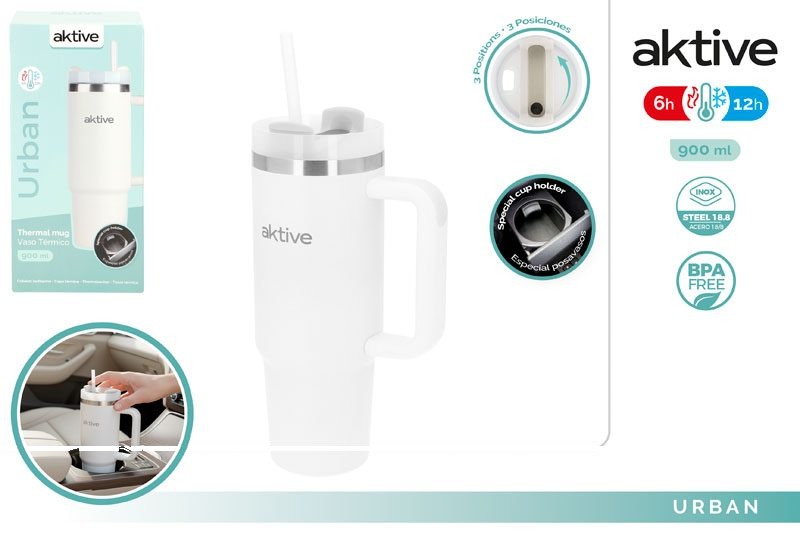 [150087] Vaso Termico Acero INOX Blanco con Pajita 900 ML