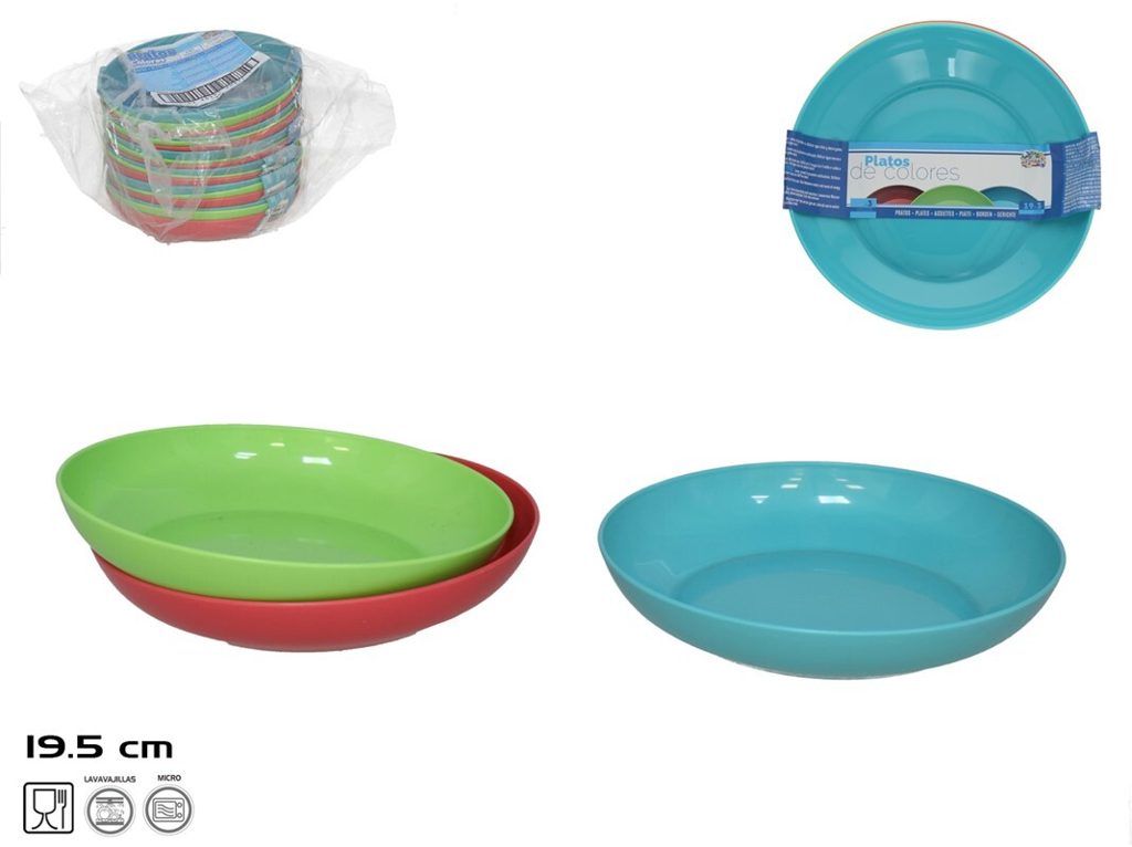[142077] PLATOS PLASTICO COLORES 19 CM 3 UDS