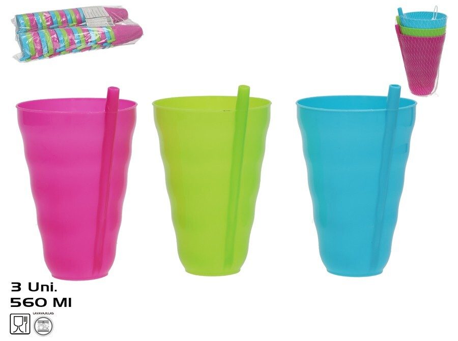 [149388] VASOS PLASTICO CON PAJITA COLORES 560 ML 3 UDS EN RED