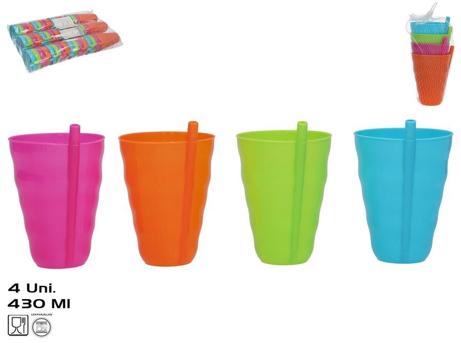 [149389] VASOS PLASTICO CON PAJITA COLORES 430 ML 3 UDS EN RED