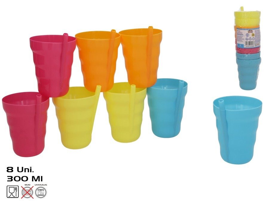 [149393] VASOS PLASTICO CON PAJITA COLORES 300 ML 8 UDS