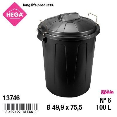 [113210] CUBO BASURA ESLA REDONDO CON ASAS DE METAL NEGRO Nº6 100 LTS
