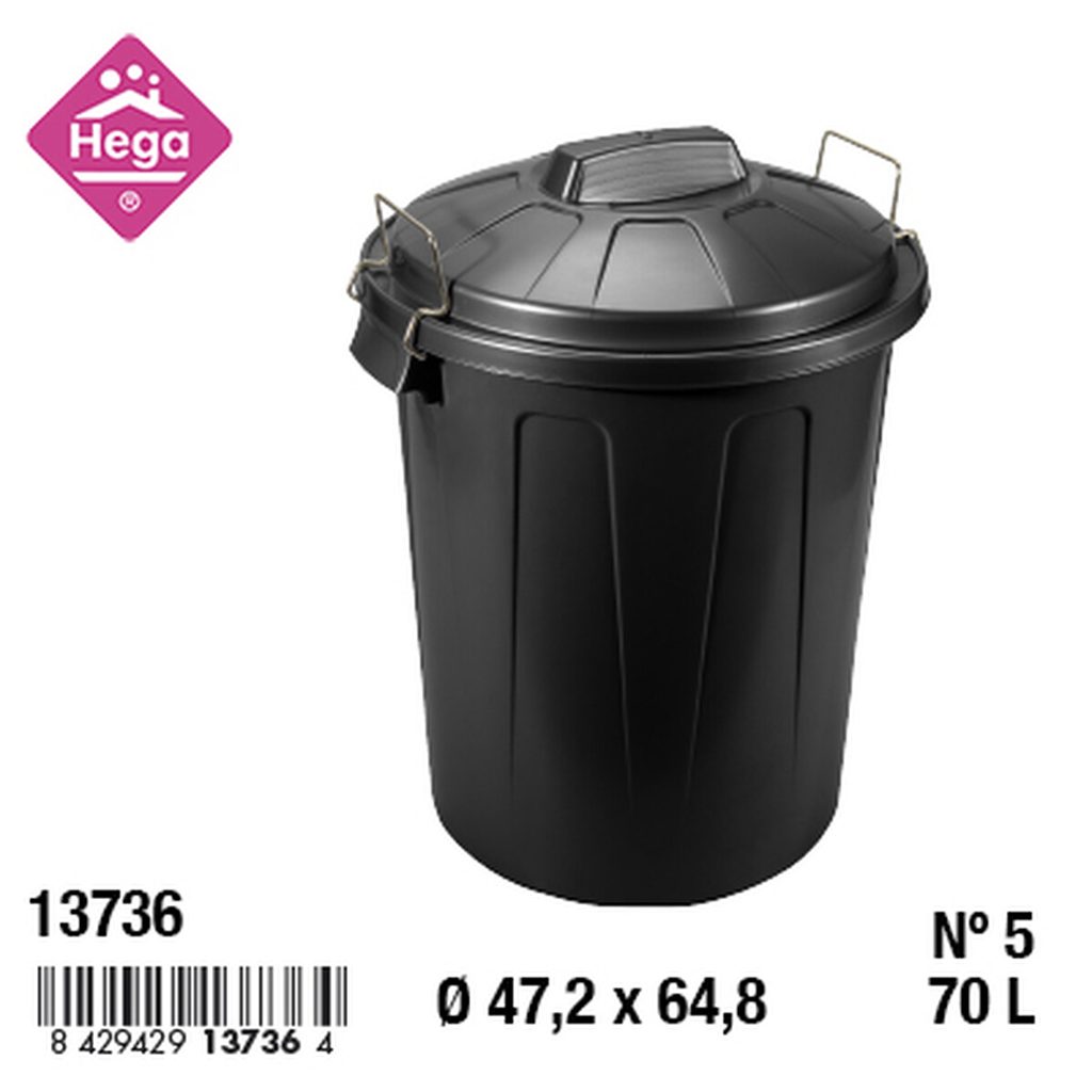 [144260] CUBO BASURA ESLA NEGRO REDONDO CON ASAS METAL Nº5 70 LTS