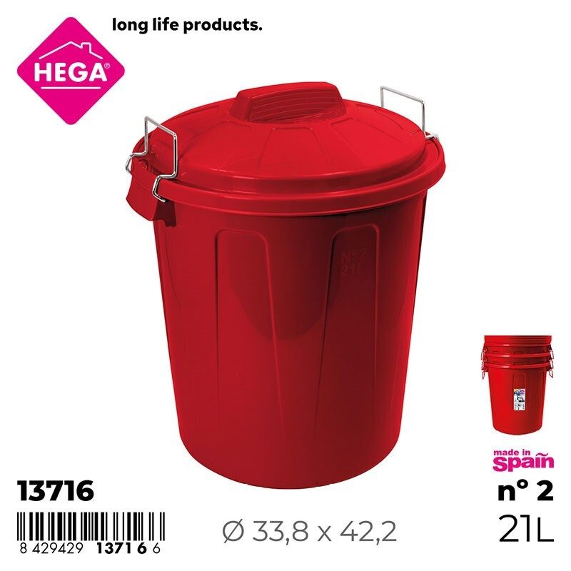 [148943] CUBO BASURA ESLA REDONDO CON ASAS METAL ROJO Nº2 21 LTS